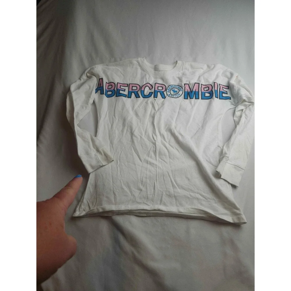 Abercrombie Kids White Long Sleeve Graphic Logo Tee Pink Blue Size 11/12